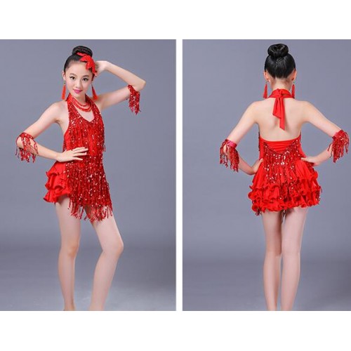Girls red colored sequin tassels modern dance latin dance dresses samba chacha salsa dance skirts dresses